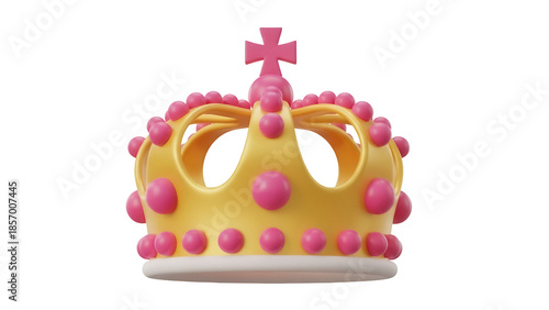 Golden crown with pink gems isolated PNG, royal symbol of power and authority for design projects on transparent background