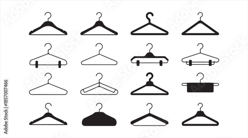 Set of clothing hangers — closet, boutique and retail display hanger icons in black and outline designs
