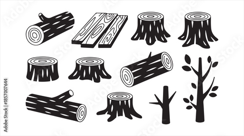 Collection of tree stumps, logs and branches — nature wood elements in silhouette icon pack