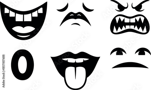 Black and white cartoon angry and happy face expressions vector set for design use 
