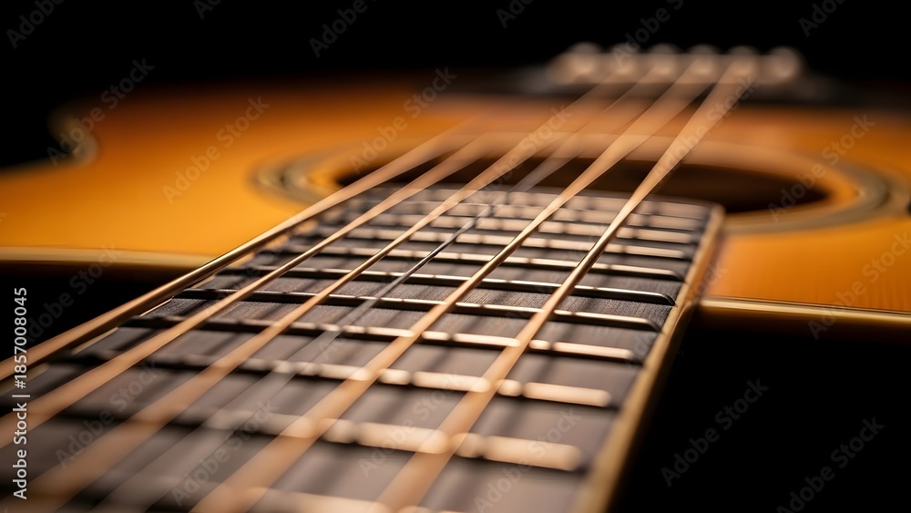 Fototapeta premium Macro Close-Up of Acoustic Guitar Strings and Fretboard in Warm Studio Lighting