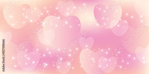 Pink background with delicate hearts and white glowing bokeh dots, abstract design for Valentine's Day, wedding, love, or romantic greeting cards.