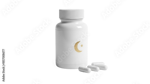 White pill bottle with crescent moon and star isolated PNG, dietary supplement container for health and wellness on transparent background