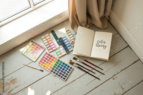 Color theory notebook with watercolor palette and brushes on floor  