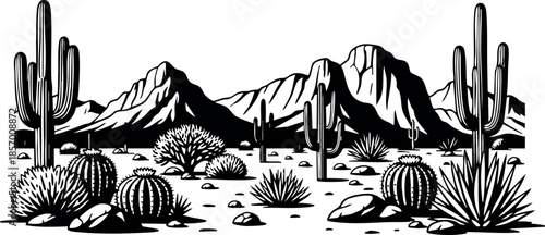 Desert landscape with cactus and rocky mountains black and white vector illustration 