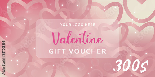 Pink Valentine's Day gift certificate with a heart-shaped pattern. A romantic card for a special occasion, greeting, presentation, or social media post.
