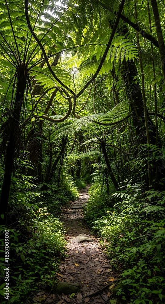 Fototapeta premium Serene forest path with lush greenery.