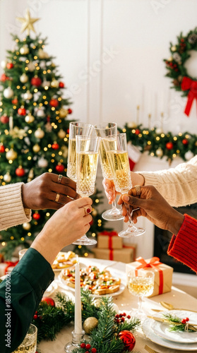 Group of friends raising champagne glasses to toast at a New Year's party