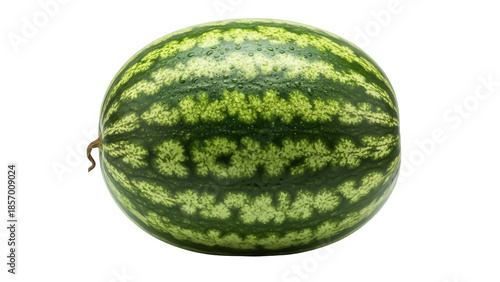 Fresh green watermelon isolated PNG on transparent background, whole striped fruit for healthy eating and summer designs