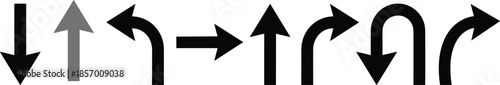 Black Navigation Arrows Set, Directional Pointer Icons, Curved and Straight Move Symbols, UI Design Elements, Minimalist Traffic Signs, Wayfinding Vector Graphics