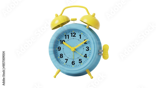 Blue and yellow alarm clock PNG isolated on transparent background, retro style timepiece for design and educational use