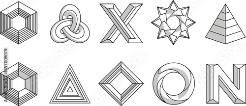 Set of abstract geometric 3D shapes and symbols with pyramid hexagon and knot cad drawing flat vector illustration for logo