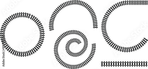 Railway Track Vector Illustration Set, Curved and Circular Train Tracks, Rail Path Patterns, Transport Infrastructure Design, Logistics and Travel Concept, Isolated Elements