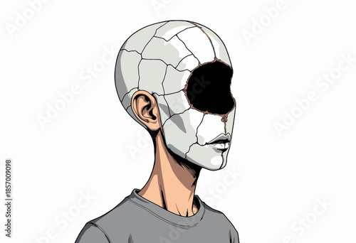 Abstract Art Portrait with Fractured Ceramic Mask Revealing Dark Hollow, Symbolizing Identity and Inner Struggle in Minimalist Style