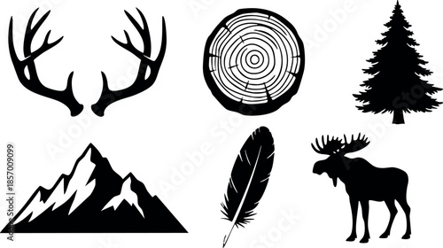 Collection of forest and wildlife nature vector icons featuring antlers, tree stump, pine tree, mountain, feather, and moose silhouette 