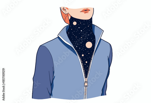 Surreal Artistic Illustration of a Person with Stars and Celestial Bodies Flowing from Neck, Suggesting Infinite Possibilities and Cosmic Dreams Within