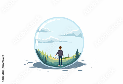 Person standing inside a transparent bubble, contemplating a serene landscape with mountains and clouds, symbolizing isolation and reflection in a peaceful setting.