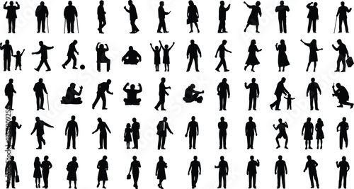 Set of diverse people silhouettes walking dancing sitting and elderly figures group cad drawing flat vector illustration for architectural scale