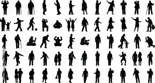 Fototapeta Set of diverse people silhouettes walking dancing sitting and elderly figures group cad drawing flat vector illustration for architectural scale