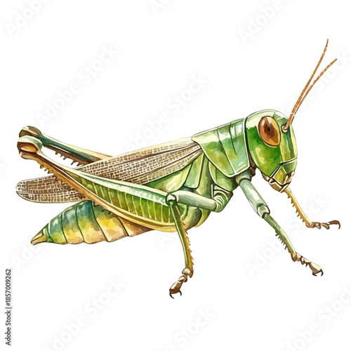 Grasshopper, watercolor illustration featuring soft shadows and luminous, isolated on a white background.