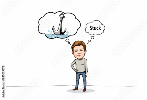 Thoughtful Young Man Contemplating Challenges with Anchor Symbolizing Feeling Stuck and Seeking Solutions for Overcoming Personal Struggles