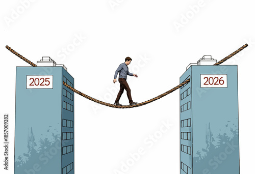 Man Balancing on a Tightrope Connecting Two Tall Buildings Representing Years 2025 and 2026 against a Minimal Background