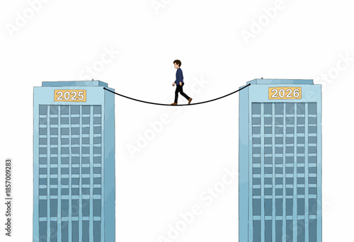Person Balancing on Tightrope Between Tall Buildings Marked 2025 and 2026 in a Metaphorical Illustration of Transition and Risk