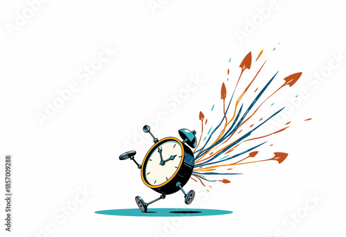 Whimsical Alarm Clock Escaping Time with Colorful Streamers Emanating from its Rear in a Dashing Cartoon Style Illustration on a White Background