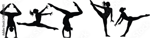 Set of gymnastics silhouettes female athletes performing yoga poses handstands and splits cad drawing flat vector illustration for sports design
