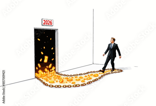 Businessman Enters Mysterious Doorway Emitting Glowing Gold Bars with Chains Leading to the Year 2026, Symbolizing Future Wealth and Opportunities