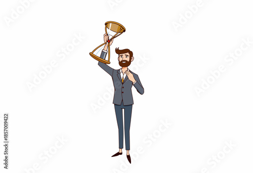 Illustration of a triumphant businessman in a suit holding an hourglass high, symbolizing time management, success, and achieving goals with efficient strategy