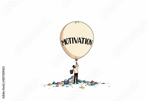 Illustration of a Person Holding a Large Balloon with Motivation Text, Surrounded by Colorful Rocks on a Minimalistic Background