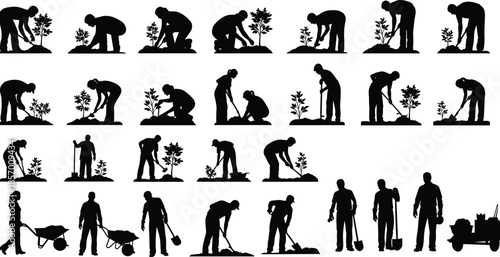 Set of gardener silhouettes planting trees digging soil and using wheelbarrows cad drawing flat vector illustration for landscape design projects