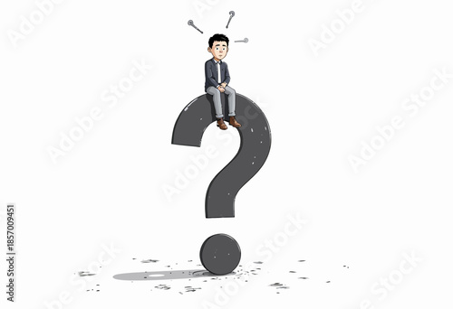 Illustration of Thoughtful Businessperson Sitting on Large Question Mark Symbolizing Decision-Making and Uncertainty in Professional Journey