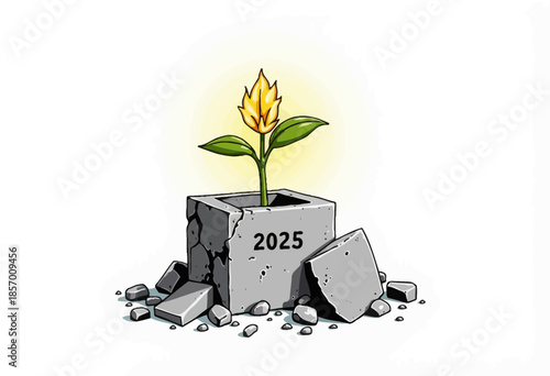 Emerging Fresh Bloom from Cracked Concrete Symbolizing Hope and New Beginnings in 2025 with a Golden Flower Growing Resiliently
