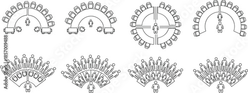 Set of office floor plan icons auditorium seating arrangements and conference room layouts cad drawing flat vector illustration for architecture