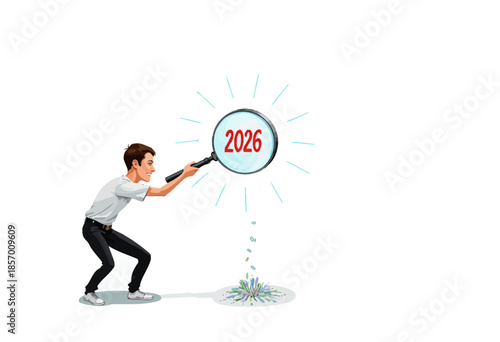 Animated person examining the future year 2026 through a magnifying glass, symbolizing discovery and anticipation of upcoming trends and events