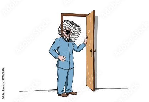 Illustration of a Surreal Figures with Cage Head Standing at an Open Wooden Door in Minimalist Empty Room
