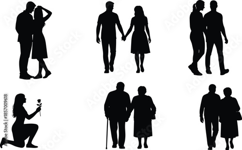 Set of romantic couple silhouettes walking holding hands and elderly seniors with walking stick cad drawing flat vector illustration