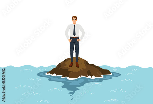 Man Standing Confidently on Small Isolated Island Amidst Vast Ocean with Hands on Hips Facing Forward in Business Attire