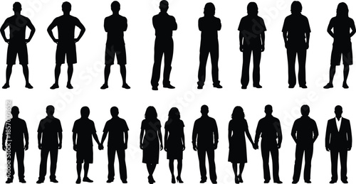Set of standing people silhouettes diverse men and women and romantic couples cad drawing flat vector illustration for architectural visualization