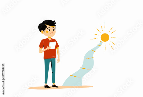 Young Boy with a Tablet Standing on a Winding Pathway Leading to a Bright, Radiant Sun in a Minimalist Illustrated Setting