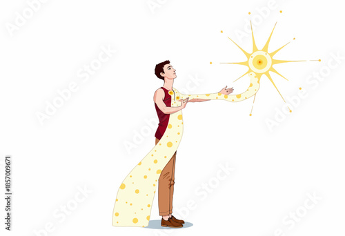 Enigmatic Figure Engages in Mystical Interaction with Radiant Star in Celestial Digital Artwork