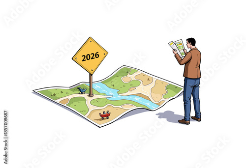 Man Examining a Detailed Map with 2026 Signpost as Symbol of Future Planning and Navigation Choices