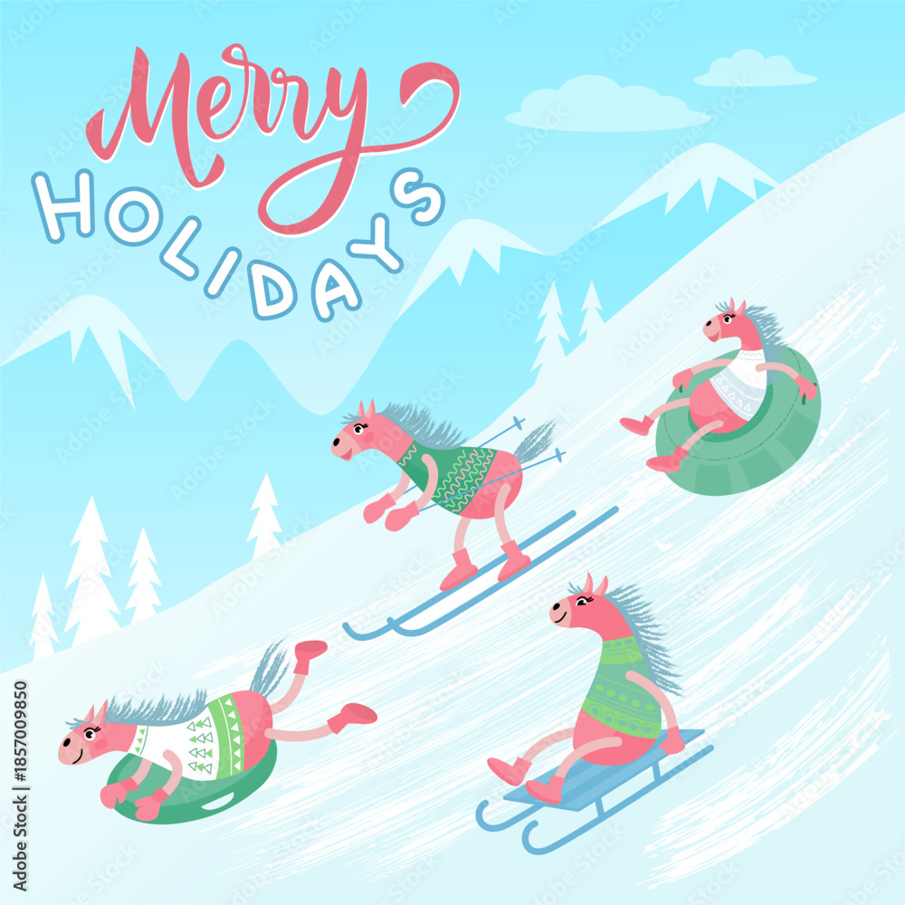 Fototapeta premium Merry Holidays winter greeting illustration with funny pink horses skiing, sledding and tubing in snowy mountains. Cute cartoon style, festive mood, Christmas and New Year design.