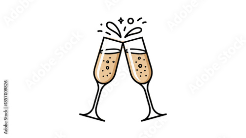 Two champagne glasses clinking with splashes of bubbly liquid.