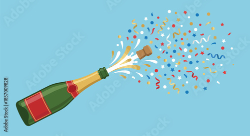 Happy New Year Celebration Party Green Champagne Bottle Popping Cork With Colorful Confetti Explosion Streamers For Holiday Event Success Winner Toast Greeting Art.