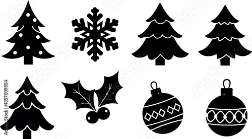 Christmas tree holly berry snowflake and ornament black silhouette vector icons for winter holiday designs 