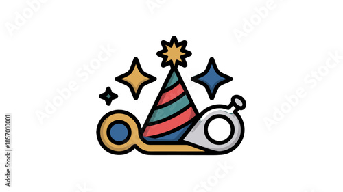 A party themed illustration featuring a birthday hat and a whistle and stars.