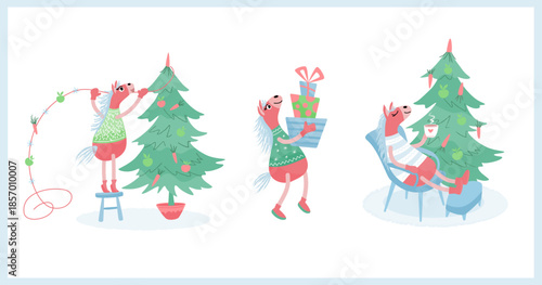 Set of cute pink horses doing fun winter activities. Flat vector Christmas holiday illustration for seasonal designs and graphic elements.